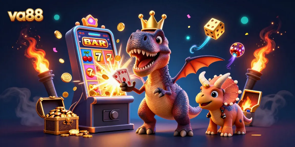 va88 showcases a whimsical T-Rex playing cards in a vibrant casino setting, perfect for online gaming excitement.