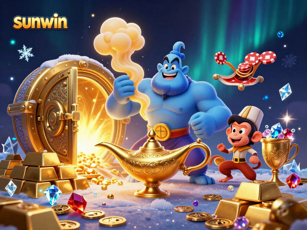 Win big at sunwin with a vibrant casino scene featuring a genie and poker chips!