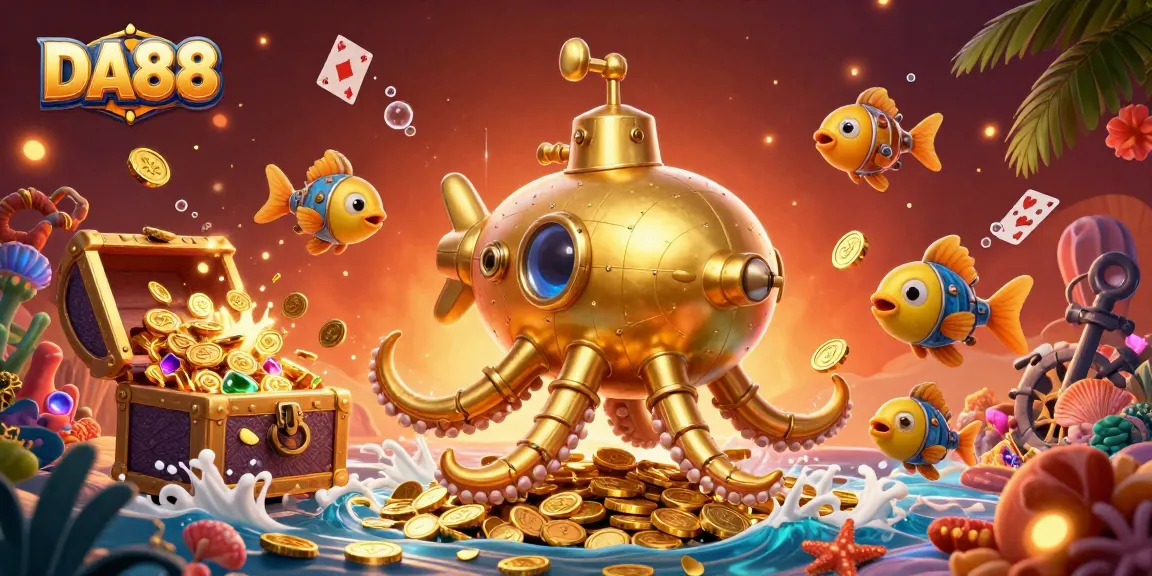 Experience excitement at DA88 with 3D kraken submarine and fish amid sparkling winnings.
