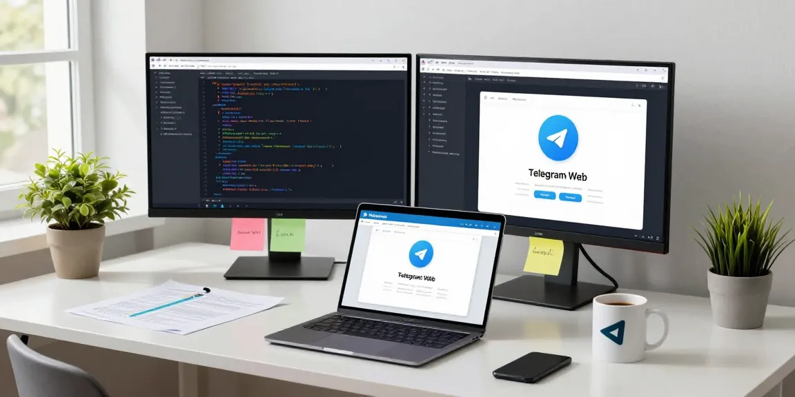 User accessing Telegram Web Version on a modern laptop in a sleek digital workspace environment.