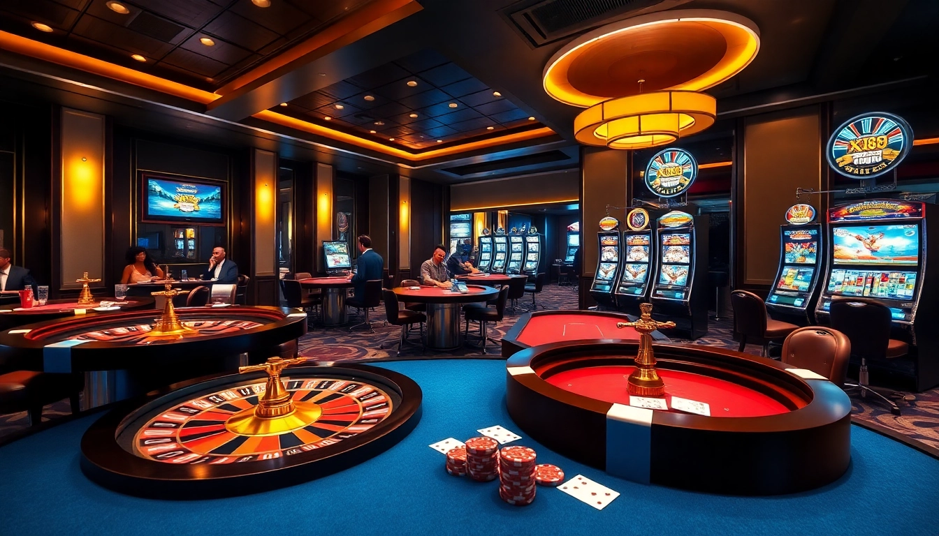 Players enjoying a thrilling game at XX88 casino with vibrant tables and slot machines.