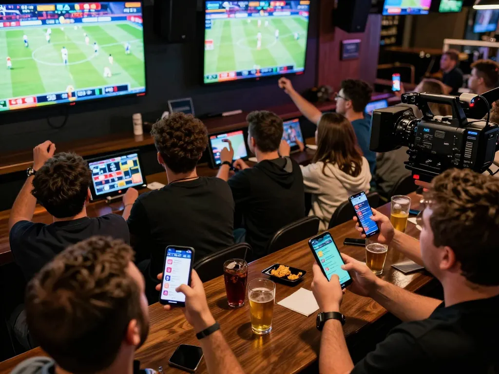 Engaged sports enthusiasts placing bets on da88 during a thrilling match with multiple screens and drinks