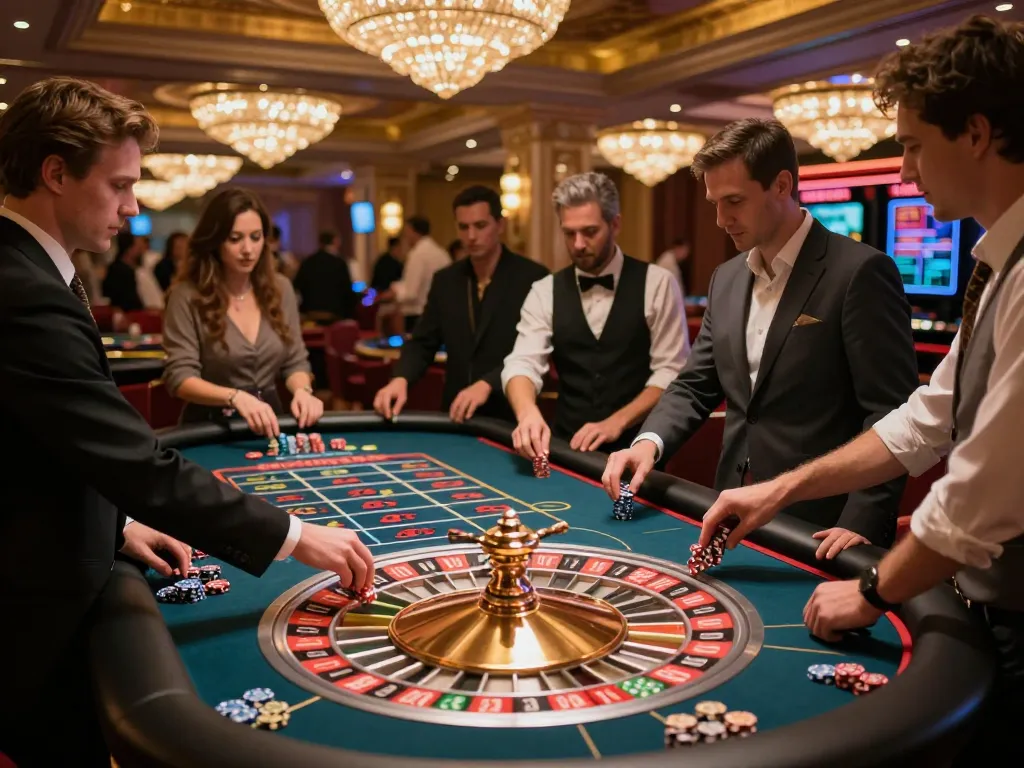 Players engaging in thrilling roulette action at a lively casino, showcasing KU88 ambiance.