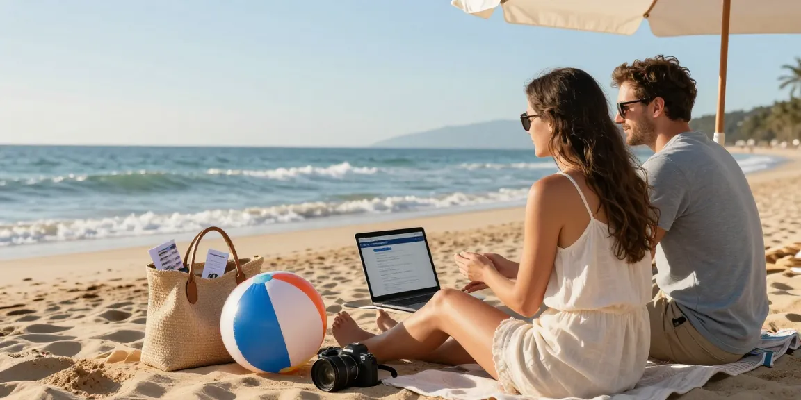 Couple by the beach discussing how can you get rid of a timeshare while reviewing cancellation options on their laptop.