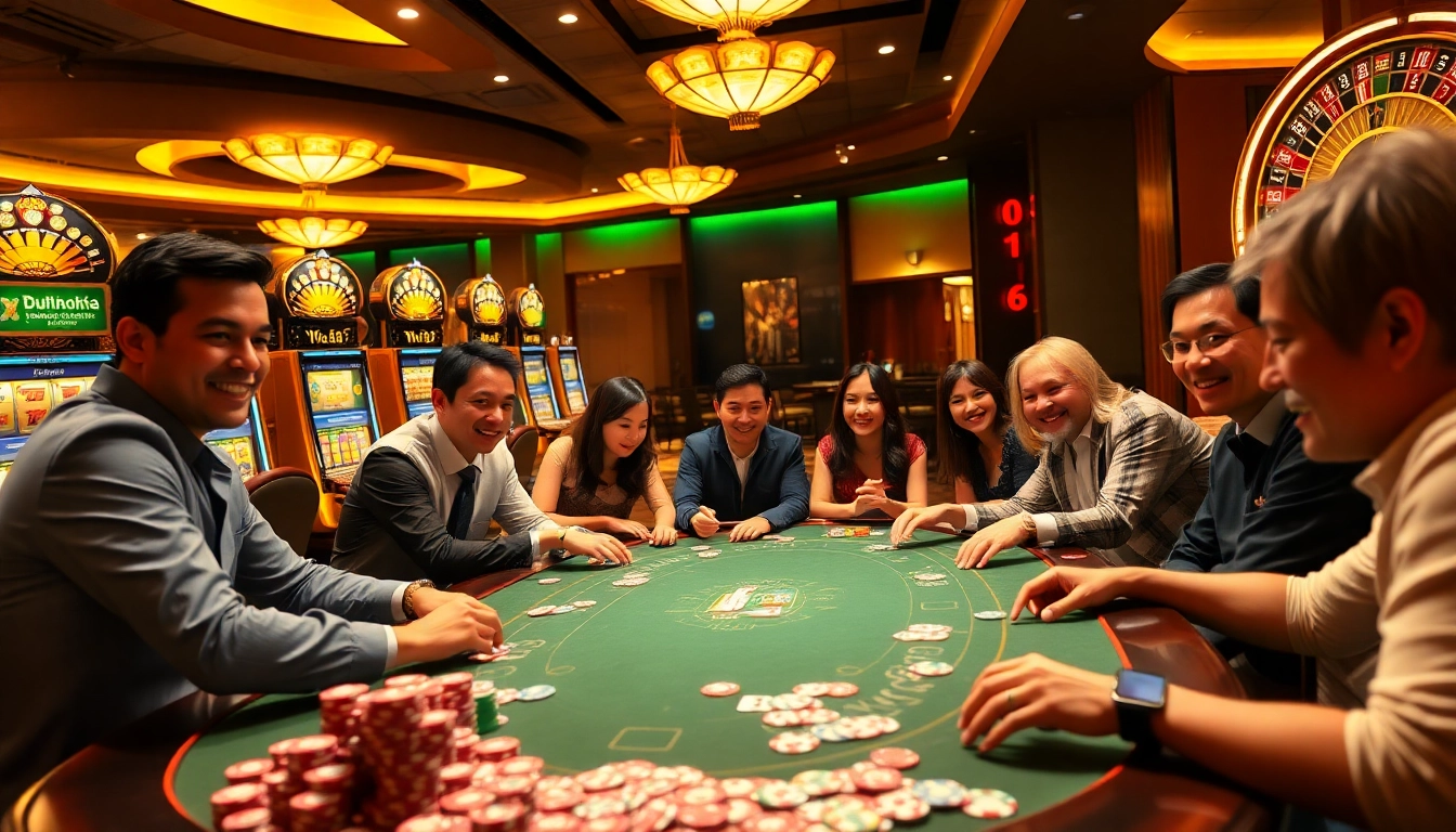 Exciting Dominoqiu gaming scene with players and luxurious casino elements showcasing high-stakes gambling.