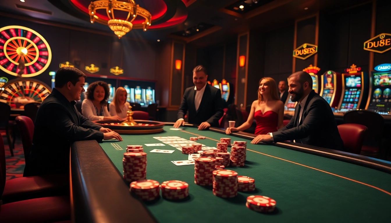 Experience the thrill of du88 as players engage at a luxurious casino table with vibrant poker chips.