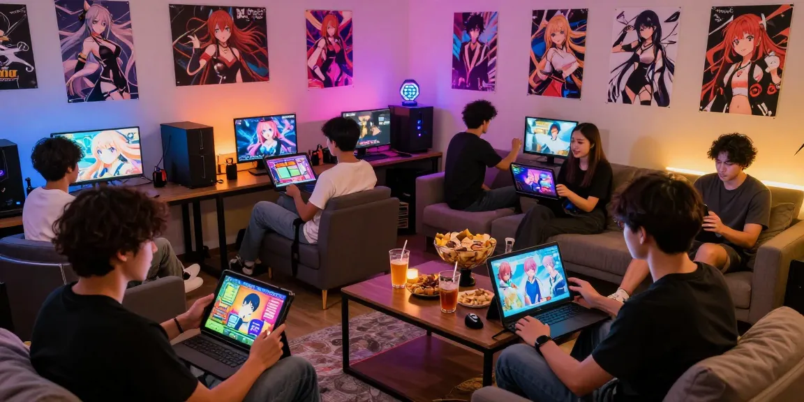 Group of friends enjoying a hentai game in a vibrant gaming lounge atmosphere highlighting diverse characters.