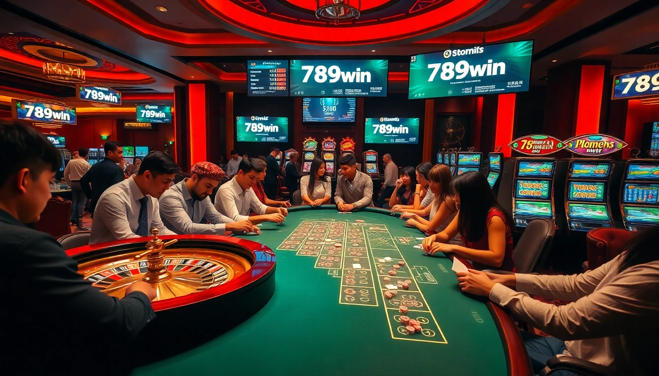 Engaging scene showcasing 789win casino games with players at roulette and poker tables.