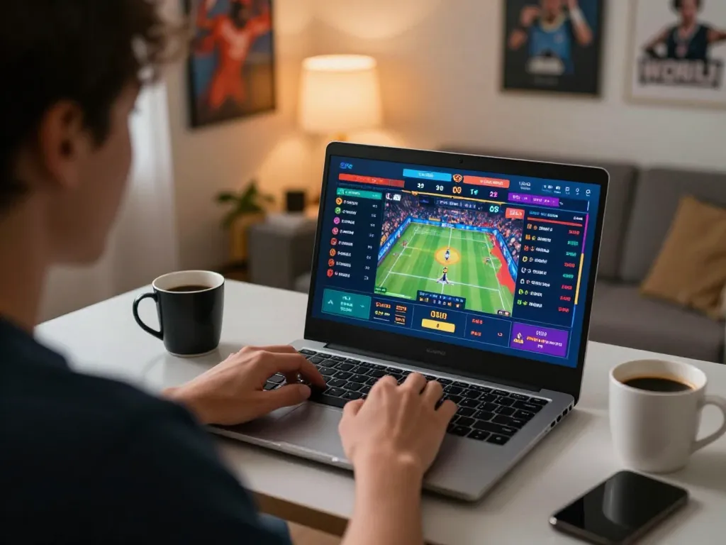Engaging in strategic betting on trang chủ F168 from a modern home office setup featuring a laptop and live game display