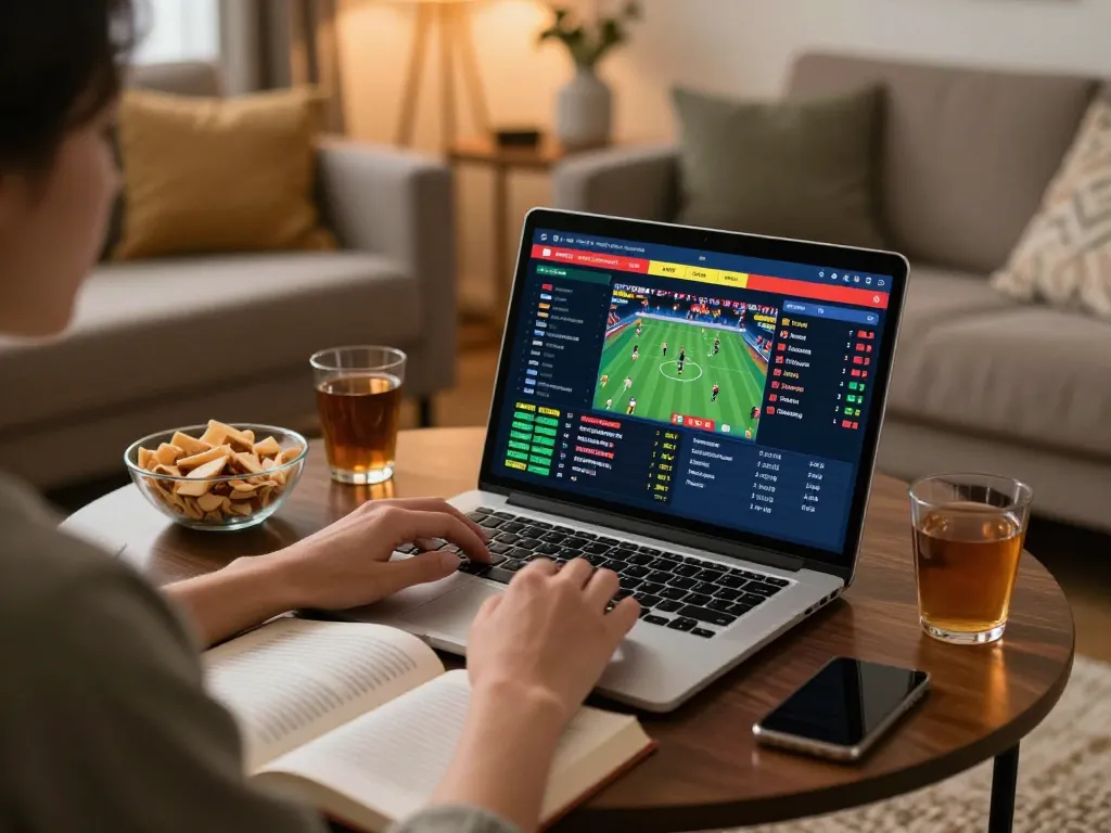 Placing strategic bets on KP88 with a laptop showing live sports odds in a cozy setting