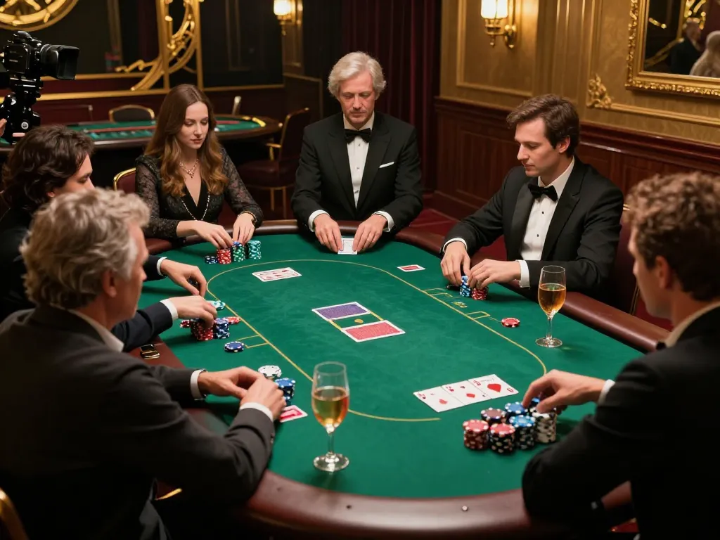 Players strategizing in an upscale poker game at RED88 casino, showcasing intense gameplay and luxurious ambiance.