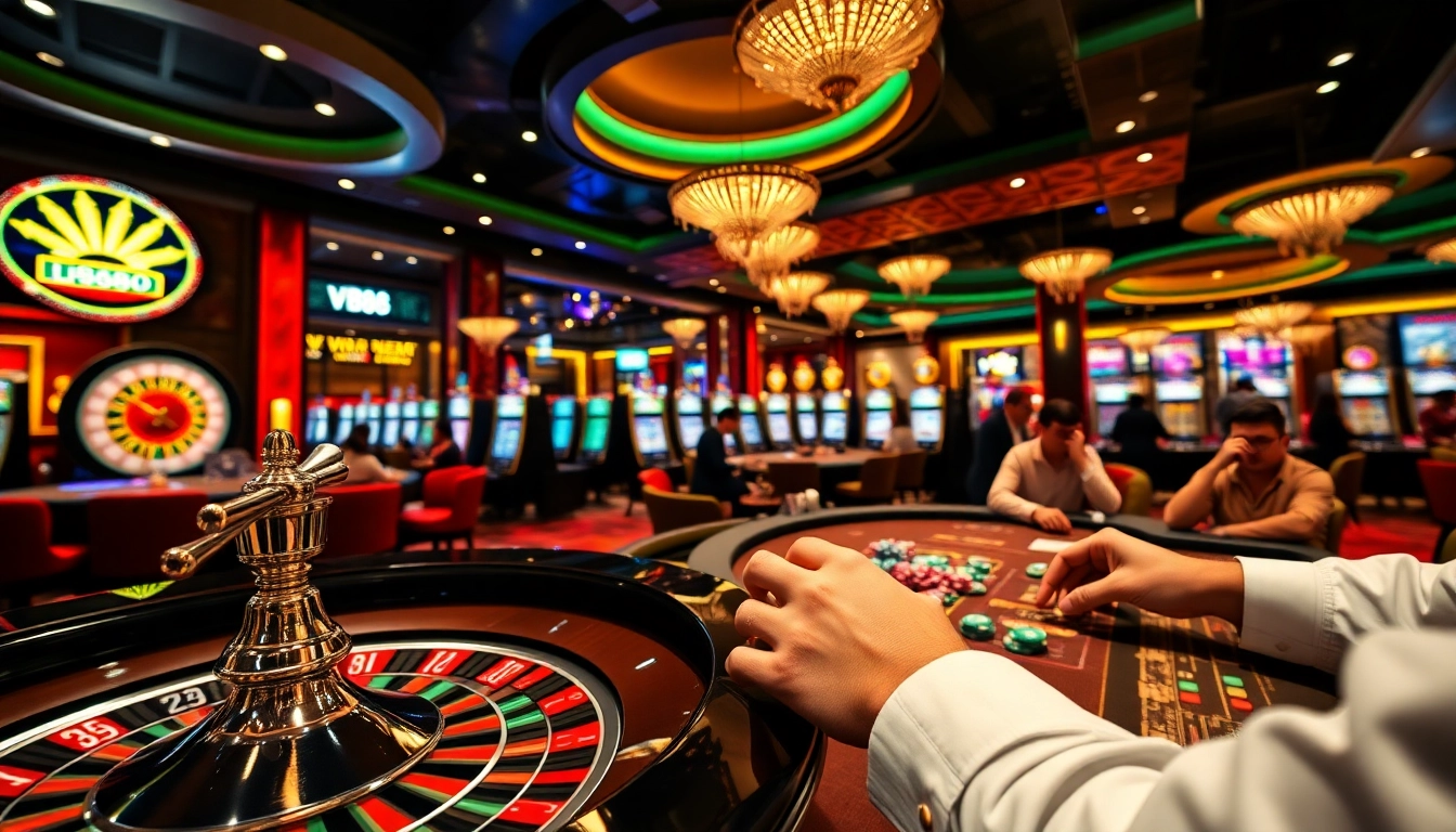 Gambler engaging with the VB88 online casino interface amidst a vibrant gaming environment.