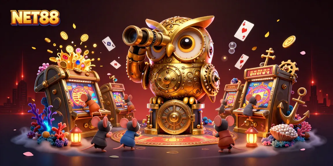 NET88 hosts a dynamic casino scene featuring a golden owl, vibrant games, and energetic animation.