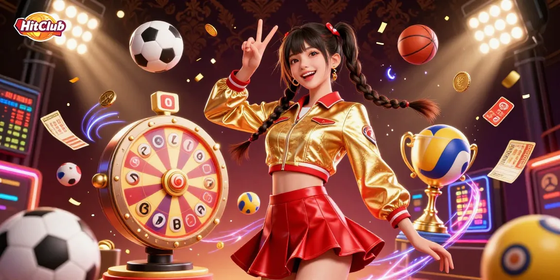 Experience thrilling gambling at HitClub with vibrant lottery balls and a dynamic prize wheel in an energetic casino scene.