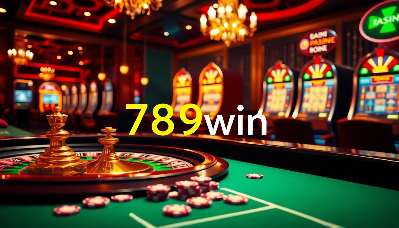 Place bets at 789win in a luxurious casino setting with vibrant roulette and poker tables.