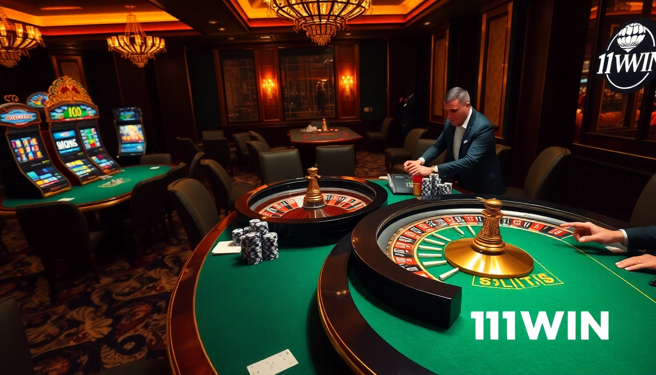 11WIN online casino scene with vibrant gaming action and luxurious ambiance