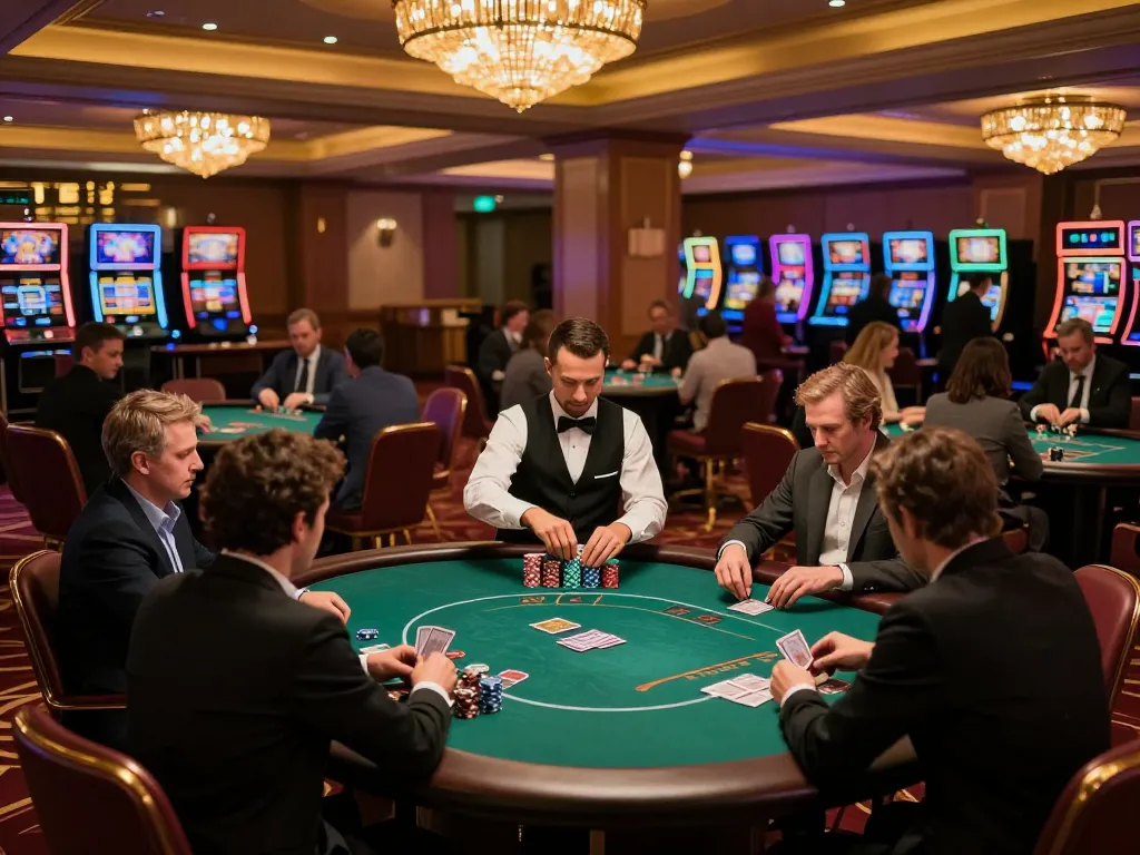 Action at an OXBET poker table with players engaged and a dealer at work in an upscale casino.
