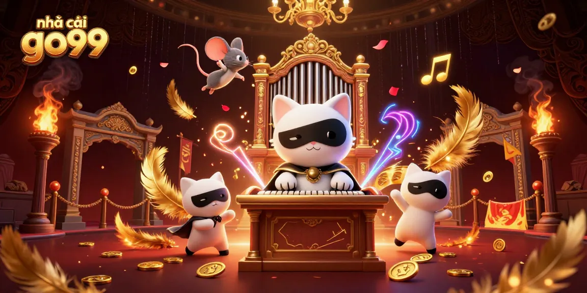 Engage with the thrilling atmosphere of nhà cái go99, where a 3D phantom cat harmonizes with golden musical notes in a vibrant casino.
