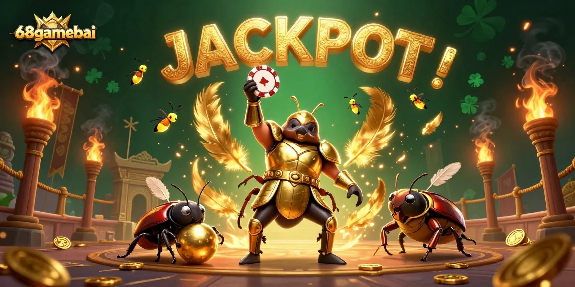 Experience thrilling wins at 68gamebai with a vibrant jackpot scene showcasing a victorious beetle.