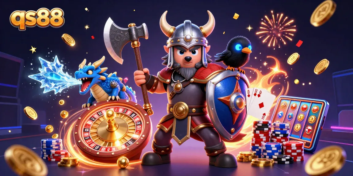Engage with qs88's vibrant gaming scene featuring a Viking wolf warrior, fierce dragon, and dazzling casino elements.