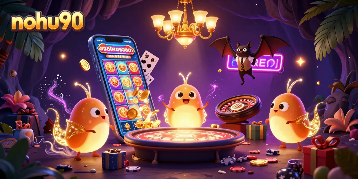 Nohu90 illuminates the cave casino with glowing worms and a bat dealer amidst vibrant gaming elements.
