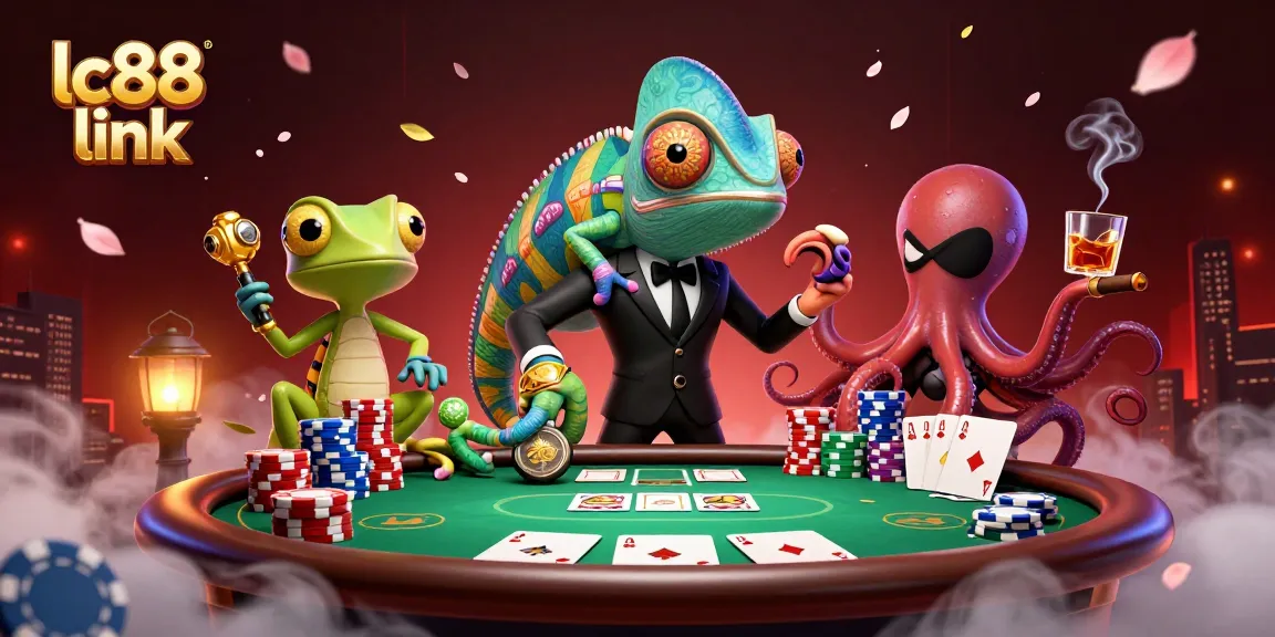 Engage with the exciting lc88 link in this vibrant casino scene featuring a secret agent chameleon.