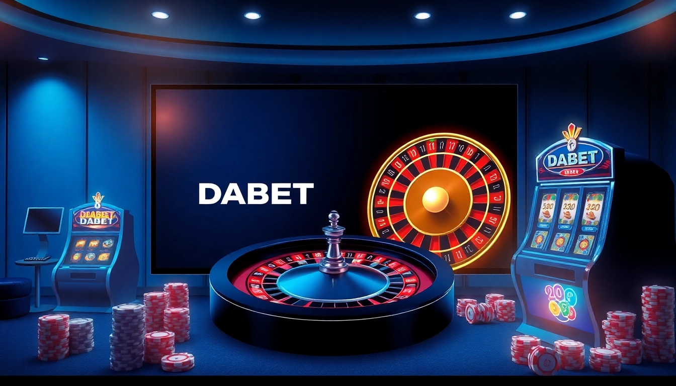 Experience the thrill of DABET with vibrant online gaming visuals featuring roulette and poker.
