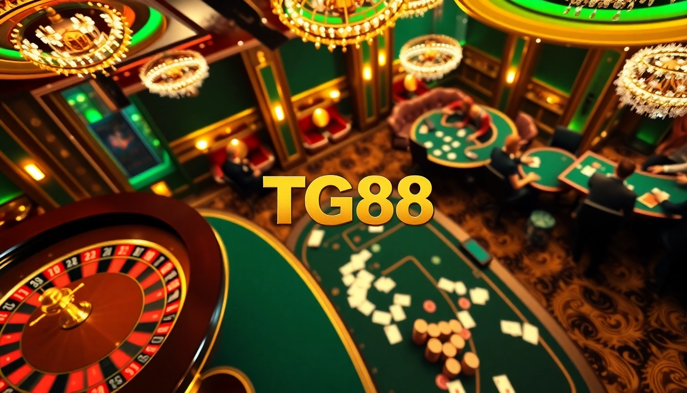 Experience the excitement of TG88 gaming at stylish casino tables with glowing roulette wheels.