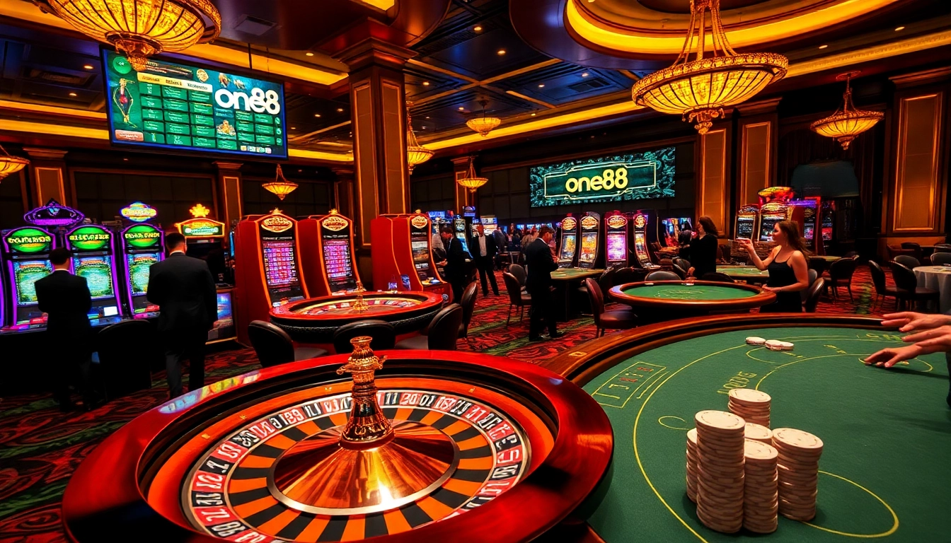Experience thrilling gameplay at one88's luxurious casino with vibrant tables and slot machines.