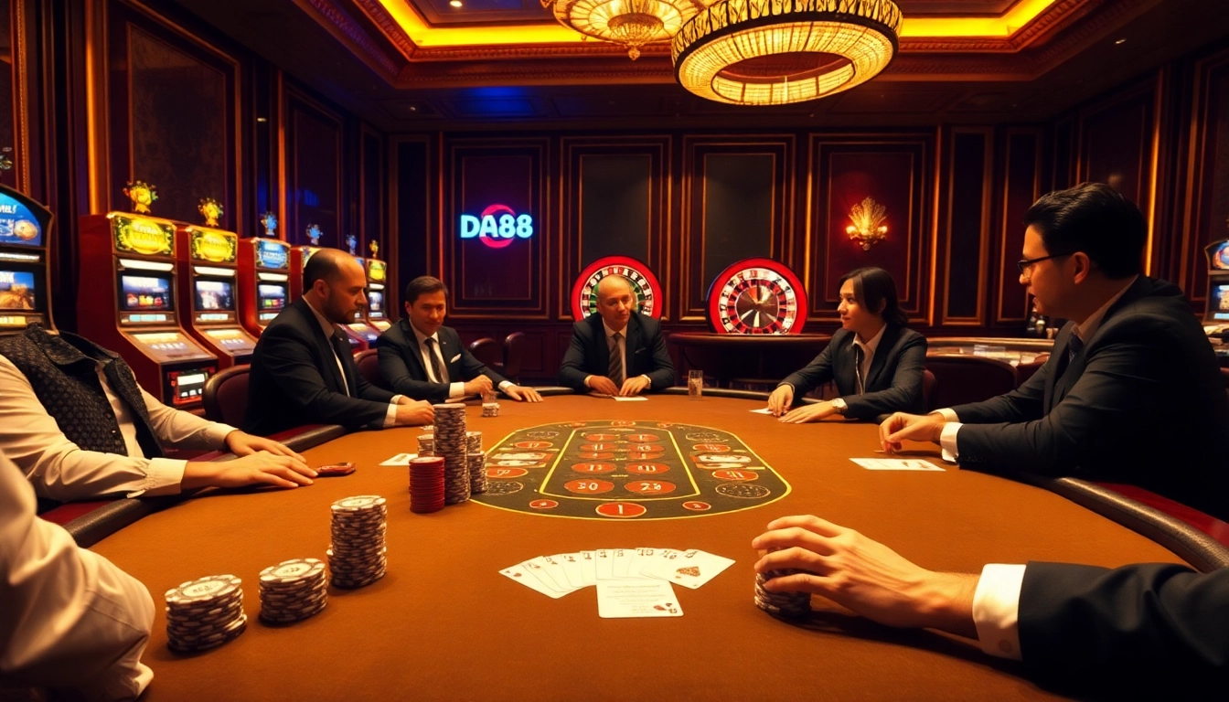 A high-stakes poker game showcases DA88 gambling excitement with chips, cards, and a vibrant casino backdrop.