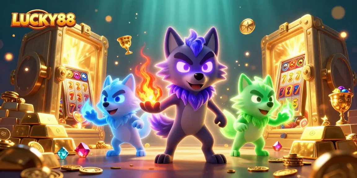 LUCKY88 slot game features glowing wolves and treasure, capturing dynamic winning energy.
