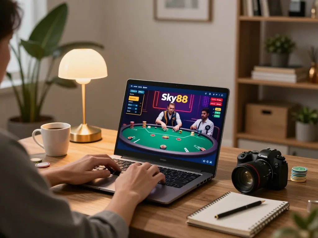 Engaging online gaming experience with Sky88 on laptop, showcasing an exciting poker game.
