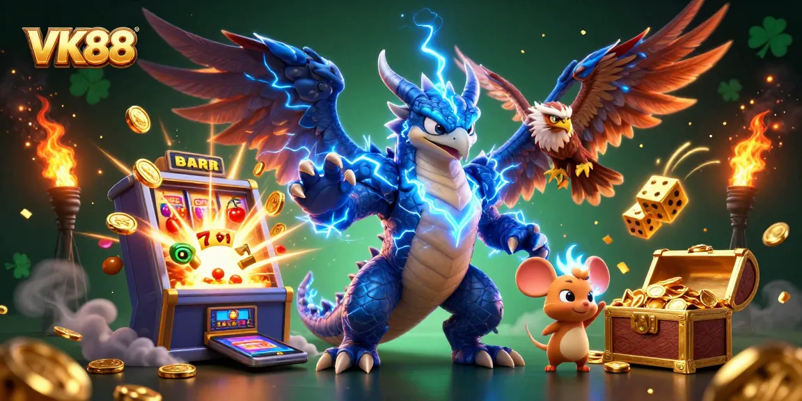Spin to win with VK88 at an electrifying casino adventure featuring dynamic characters and slot elements.