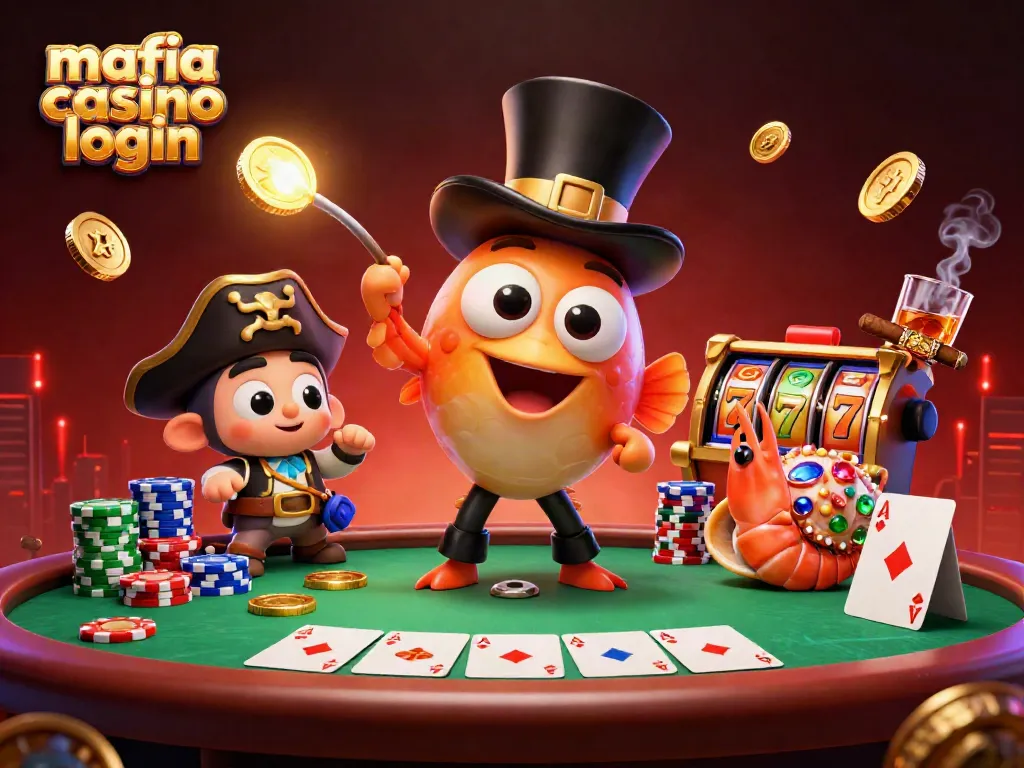 Engage in immersive gaming with mafia casino login, featuring a vibrant casino scene of characters and gaming elements.