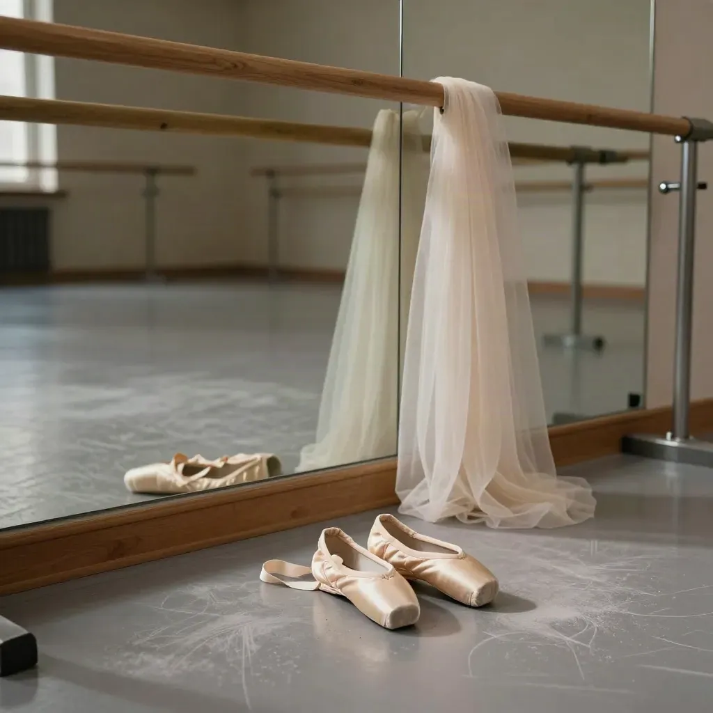 Studio di danza classica vuoto con sbarra, specchio e scarpette sulle punte