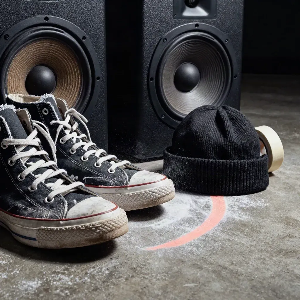 Scarpe da hip-hop consumate, speaker e berretto su pavimento di cemento con polvere.