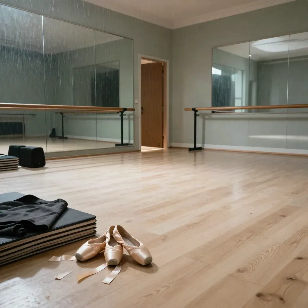Studio di danza vuoto con scarpette da punta, specchi e luce radente