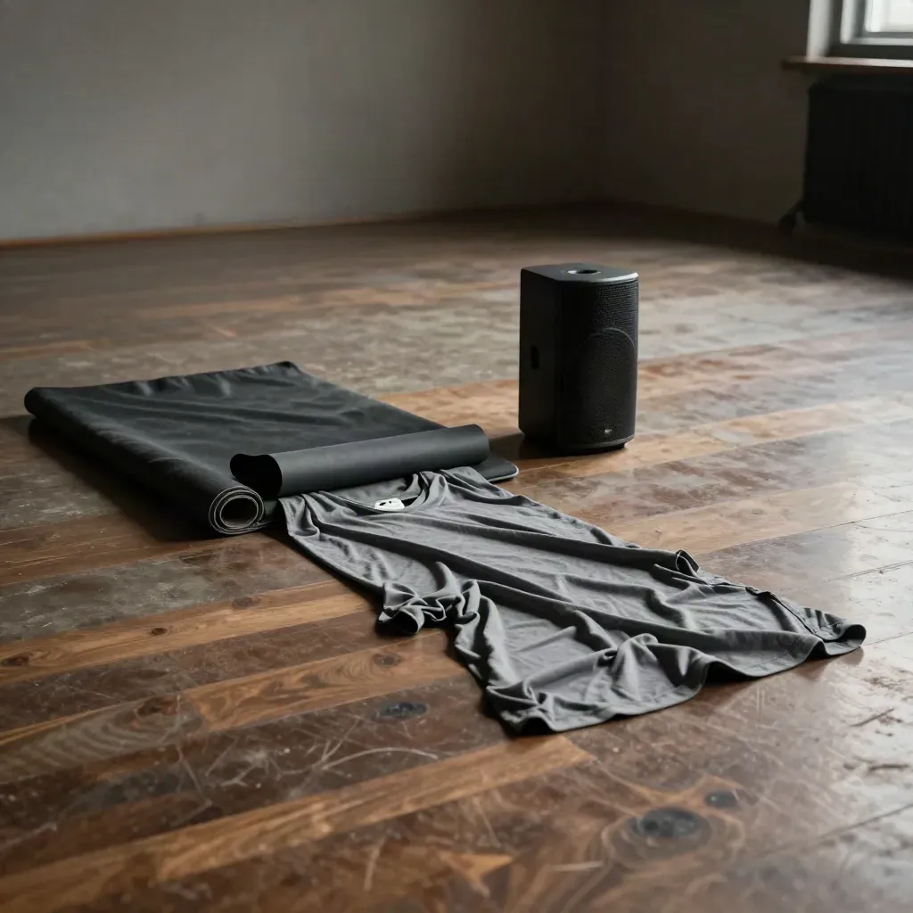 Sala prove moderna con tappetino, fascia elastica, speaker e tessuto grigio sul pavimento.