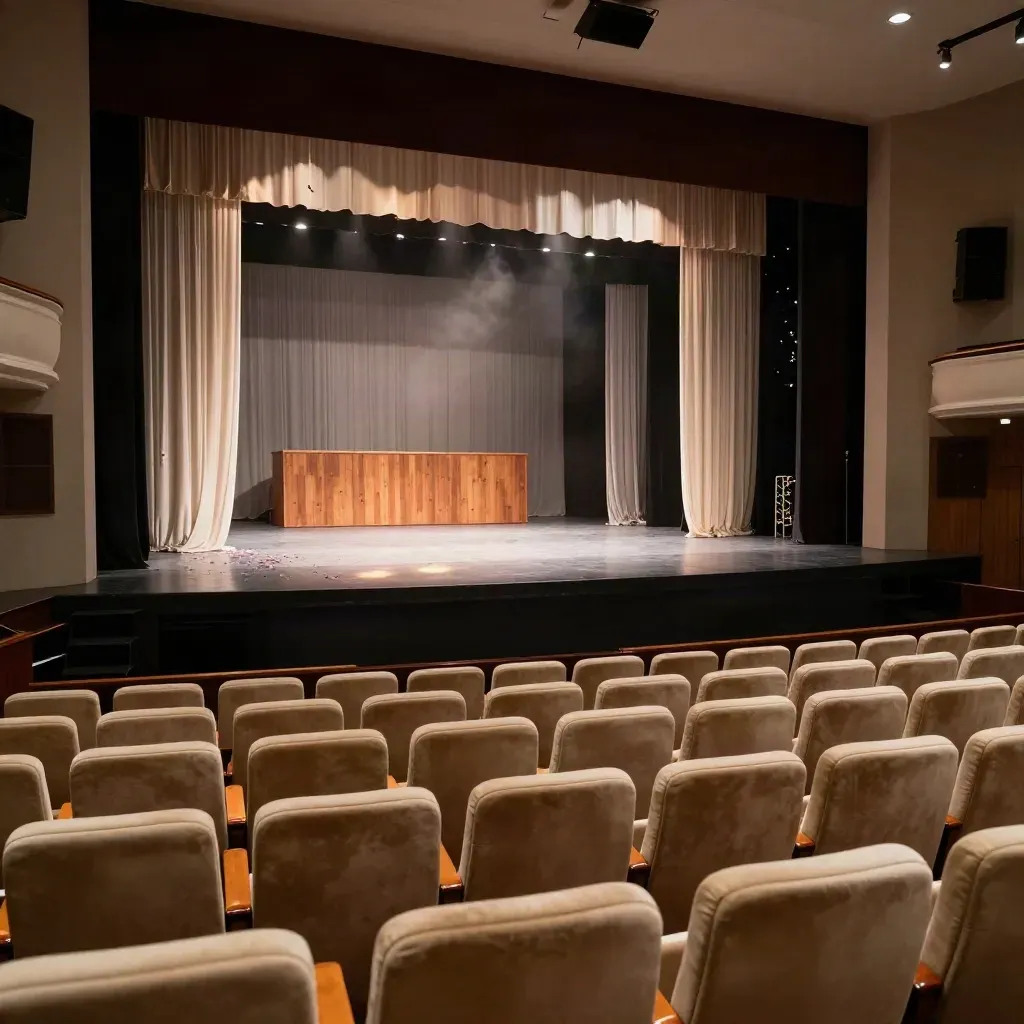 Teatro vuoto con palco allestito, poltrone calde e coriandoli ai lati.