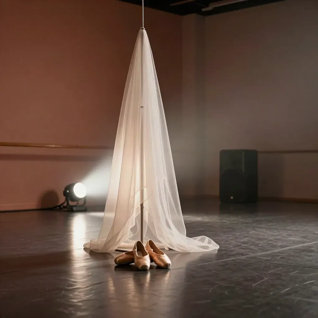 Studio vuoto per coreografie eventi con velo bianco, scarpe da ballo e luce scenica.