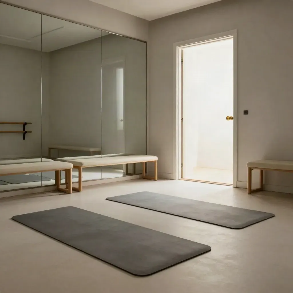 Studio di danza adulto con tre tappetini, parete a specchio e porta illuminata.