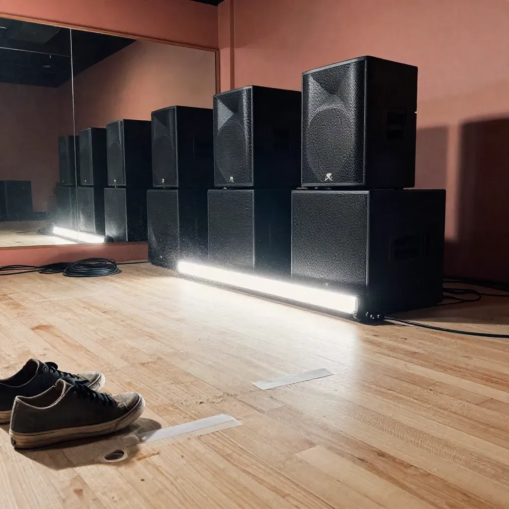 Sala hip-hop vuota con casse impilate, barra luminosa e scarpe consumate sul pavimento.