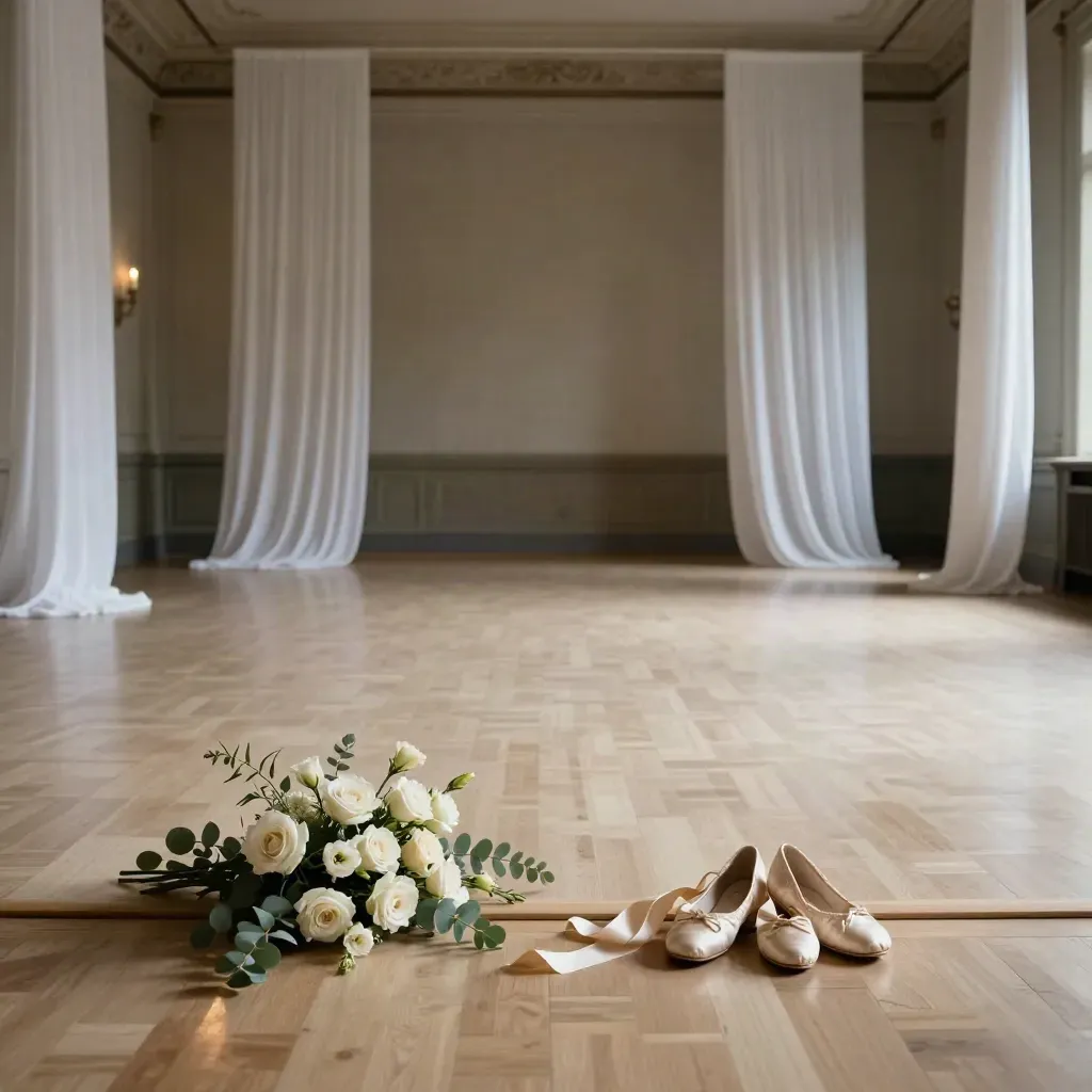 Sala da ballo elegante vuota con tende bianche, fiori e scarpe di raso per il primo ballo.