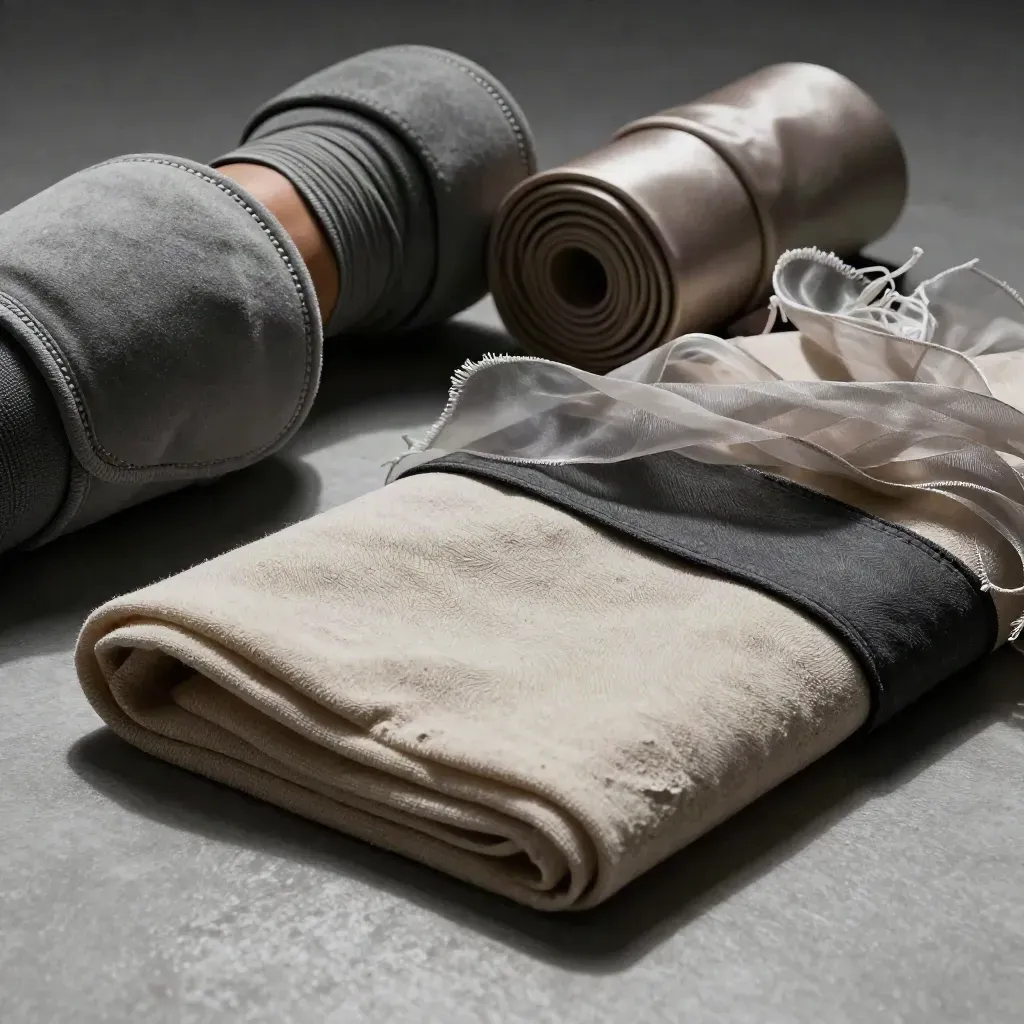 Ginocchiere, elastico, foulard e fascia in cotone su pietra chiara, luce radente.