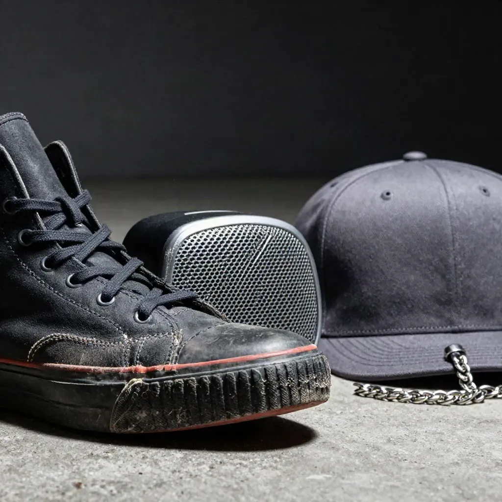 Scarpe hip-hop consumate, speaker, cappello e catena su cemento con luce radente.