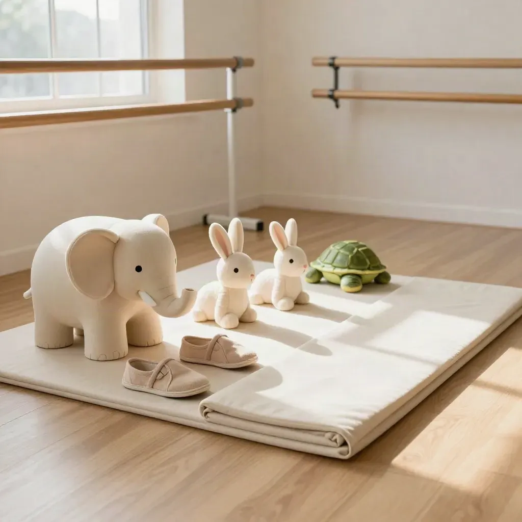 Studio bimbi luminoso con animaletti foam, sbarra bassa, scarpette e tappetino morbido