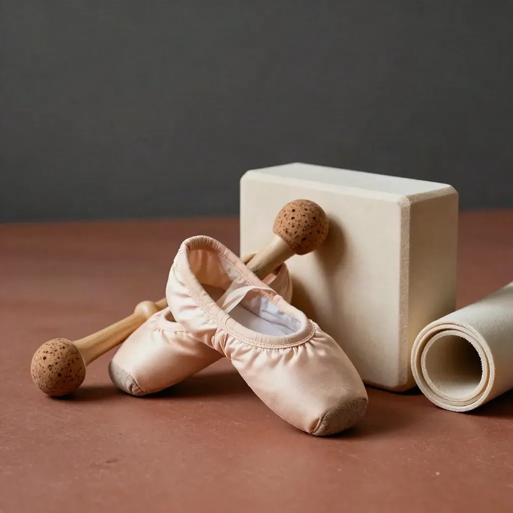 Scarpette da danza, shaker e blocchi d’equilibrio su tappetino da pratica in luce drammatica.