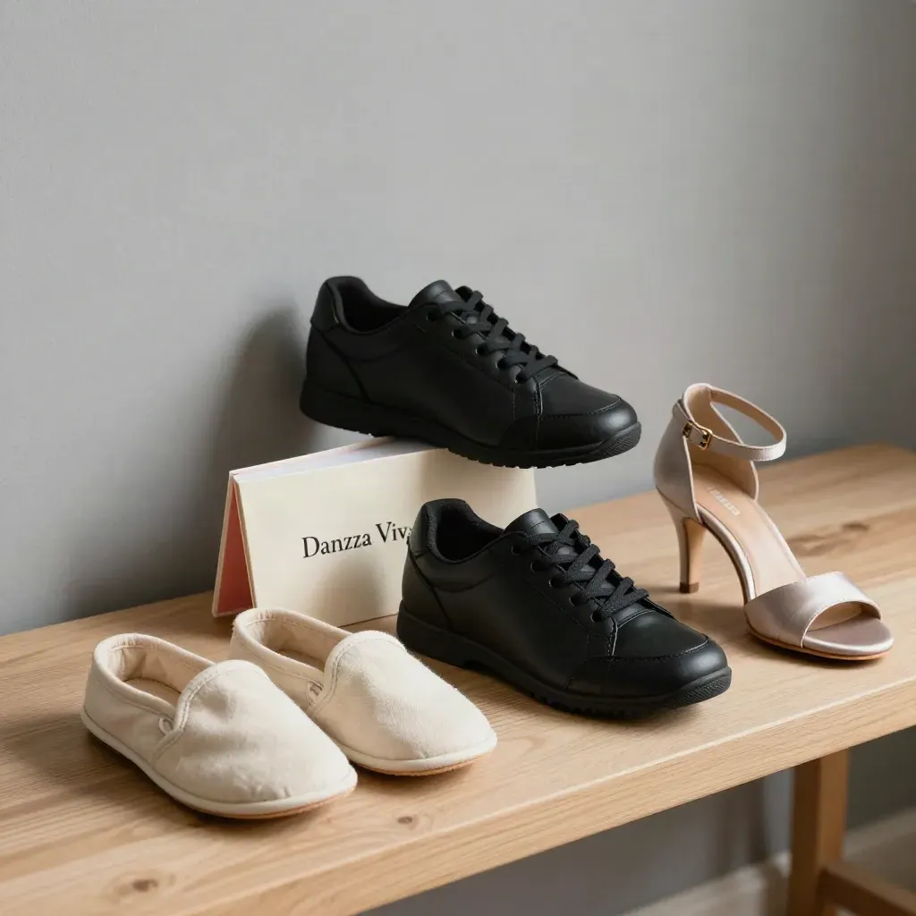 Tre scarpe da danza in fila su banco chiaro, luce morbida e sfondo neutro.