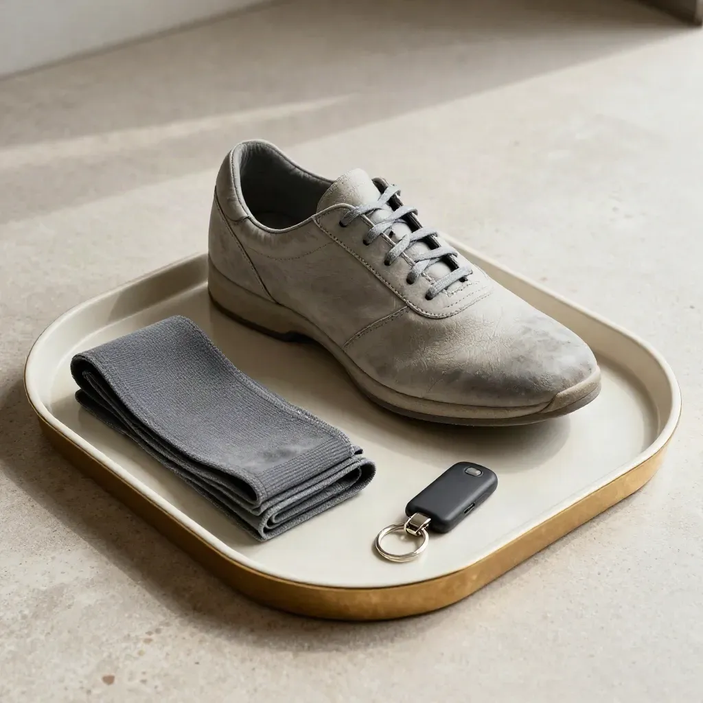 Scarpetta da danza, fascia elastica, portachiavi e sacchetto di gesso su vassoio chiaro.