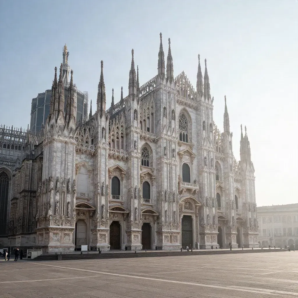 Il Duomo di Milano all’alba nella foschia, piazza vuota e spazi calmi per il testo.